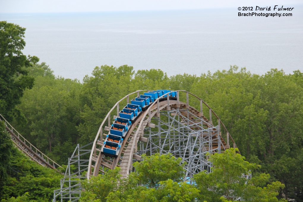 Empty train is warming up before ride opens at 1:00pm.