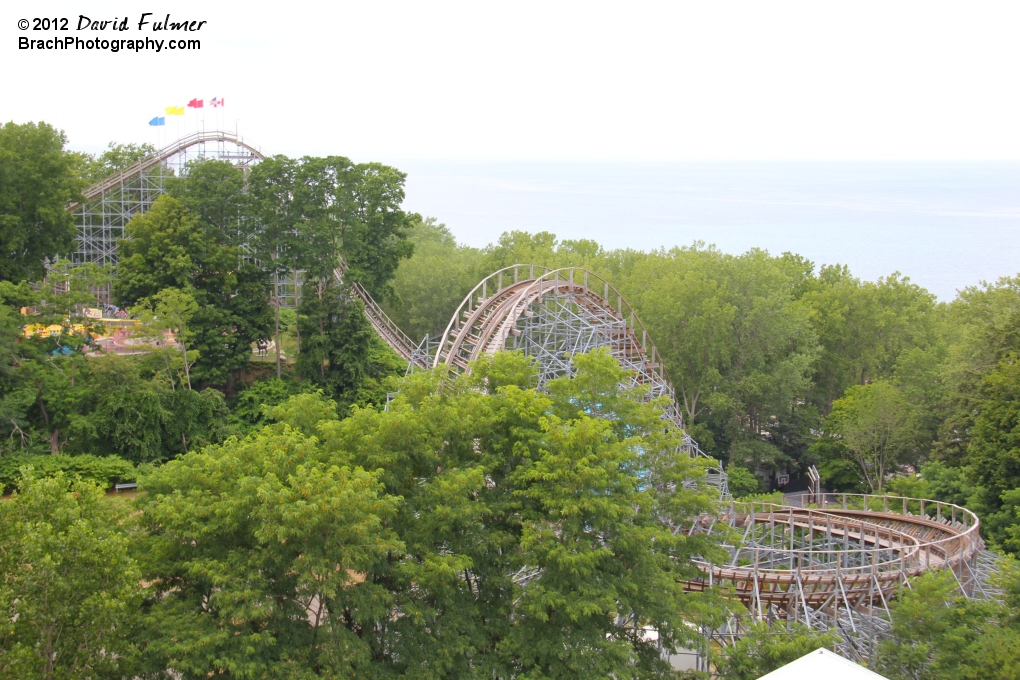 Overview of Ravine Flyer track layers, seen from Tom Ridge Environmental Center at Presque Isle.  The background is Lake Erie.