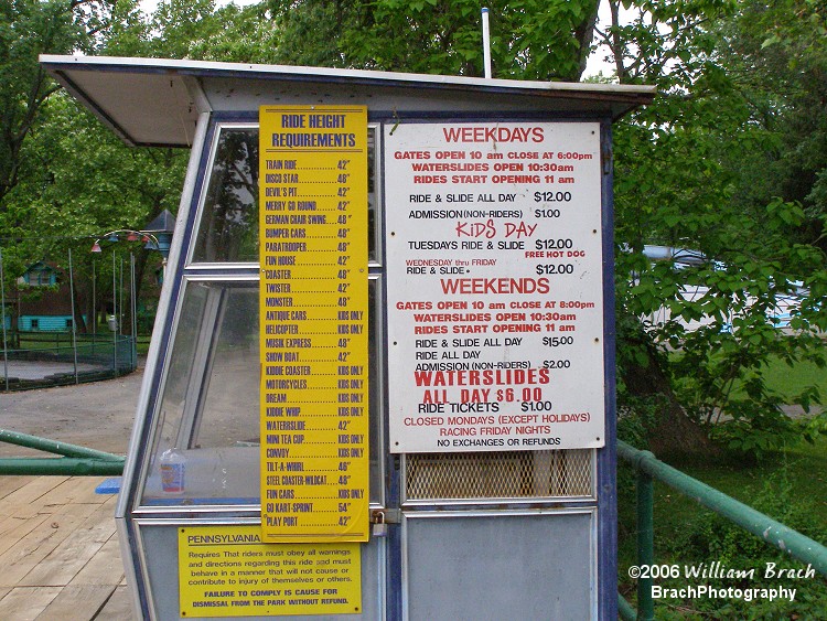 The 2005 Price List and Ride Height restriction for Williams Grove.  The park never opened for the 2006 season.