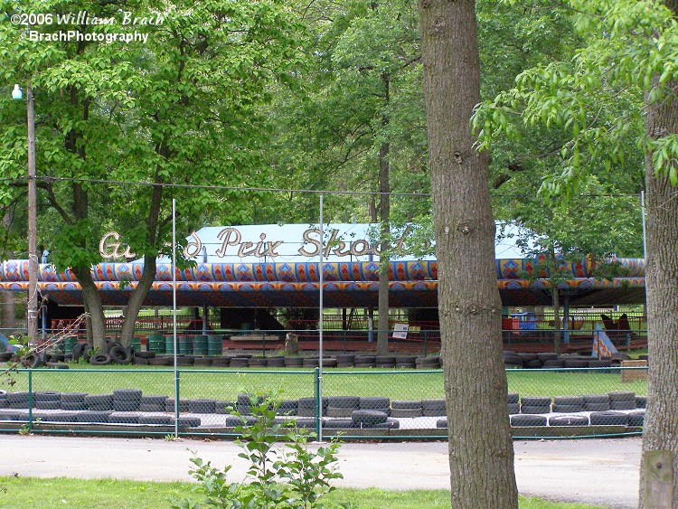 In the background, you can see the Grand Prix Skooters - Bumper car ride and in the foreground with all the tires is the Go Kart track.